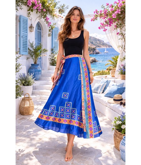 SS5. Długa jedwabna spódnica dwustronna Kwiat Indygo